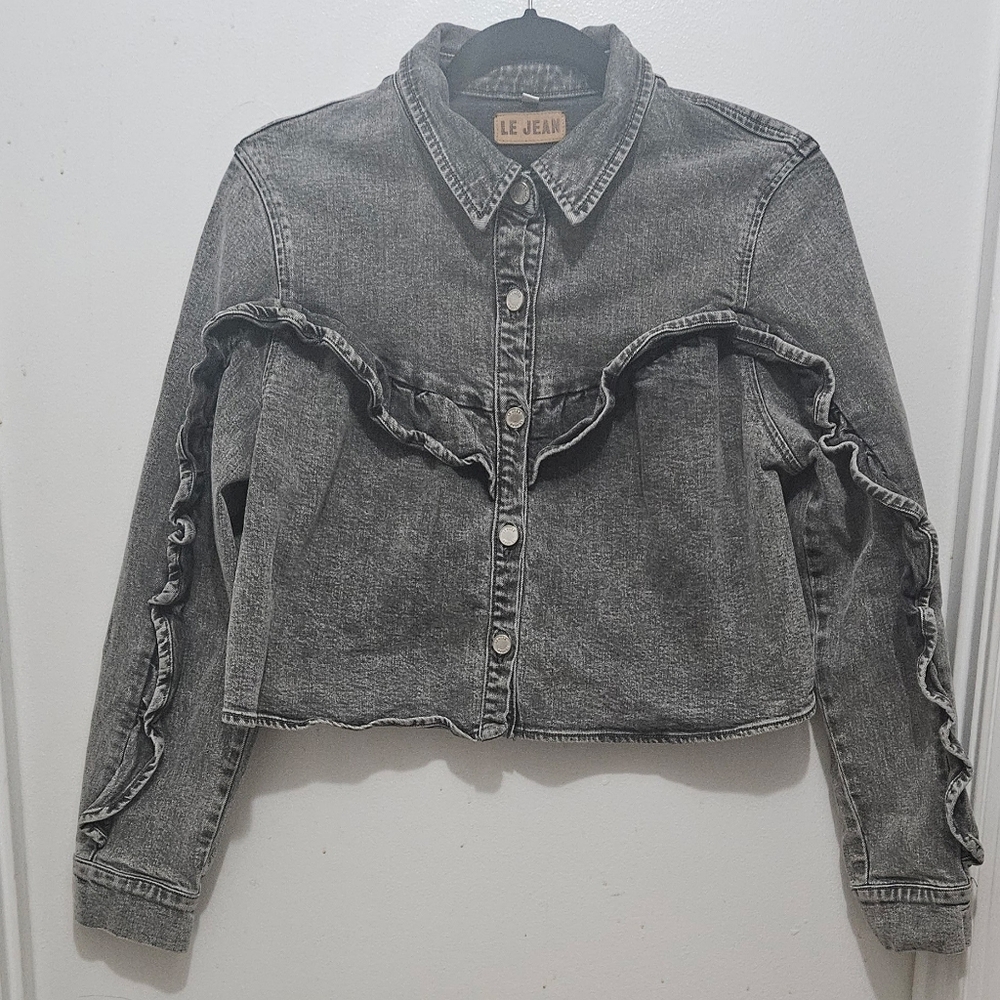 Le Jean by Charlie Gay Women’s Black Denim Ruffle Button-Up Jacket Cropped Jean